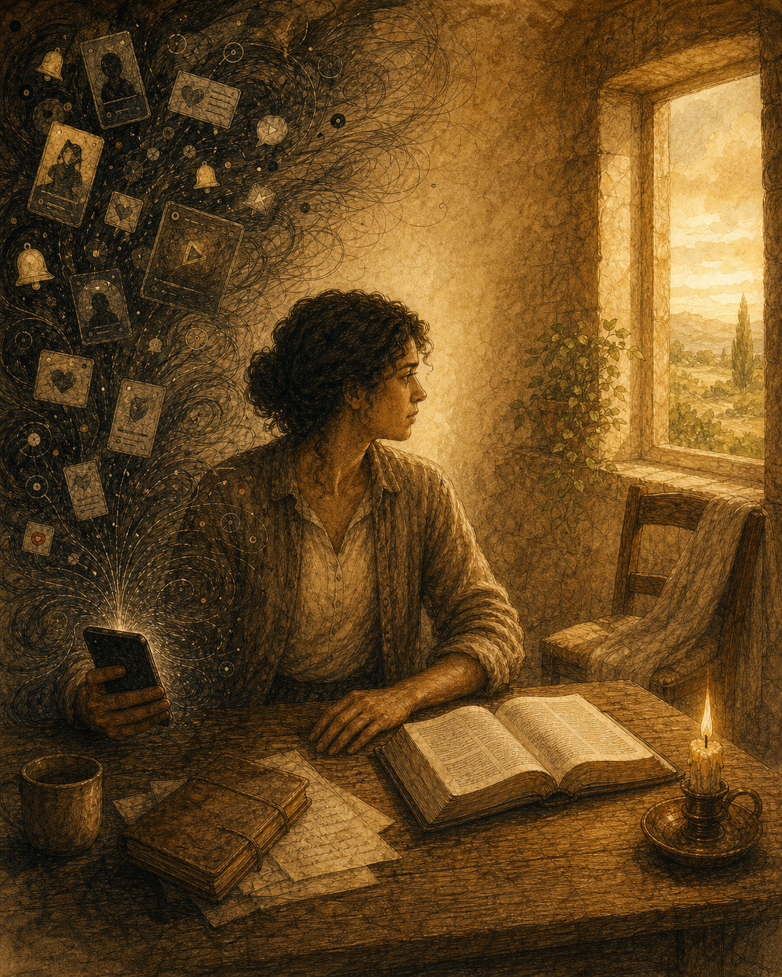 Ilustración sepia de una mujer atrapada entre ruido digital y una Biblia abierta