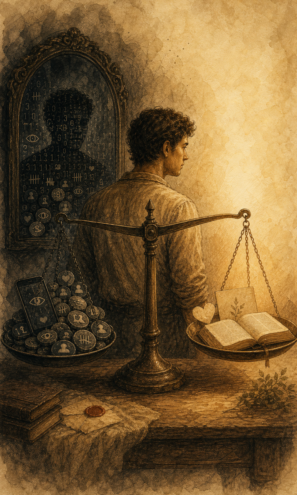 Ilustración sepia de una persona rodeada de métricas como espejo falso