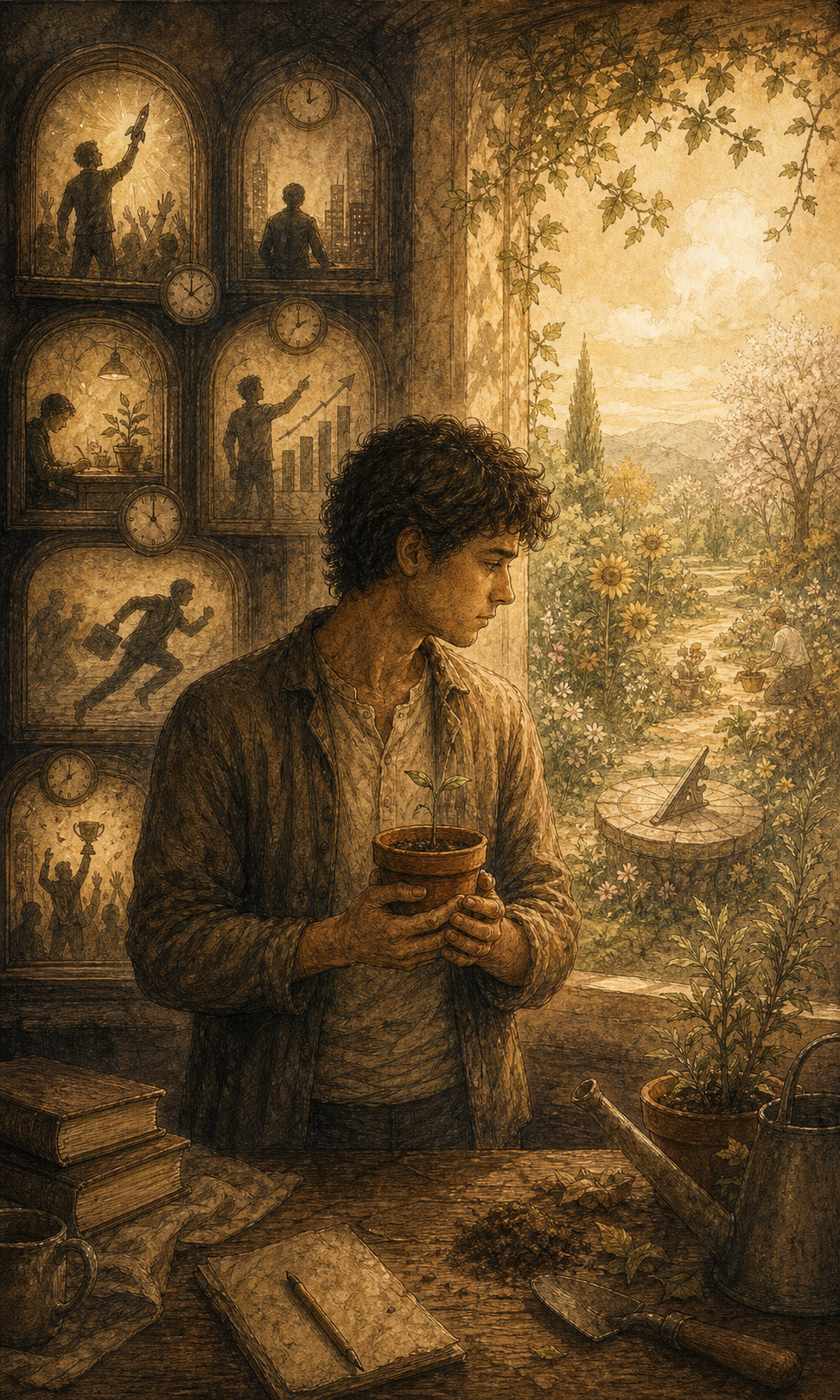Ilustración sepia de una persona mirando vitrinas ajenas mientras sostiene una semilla