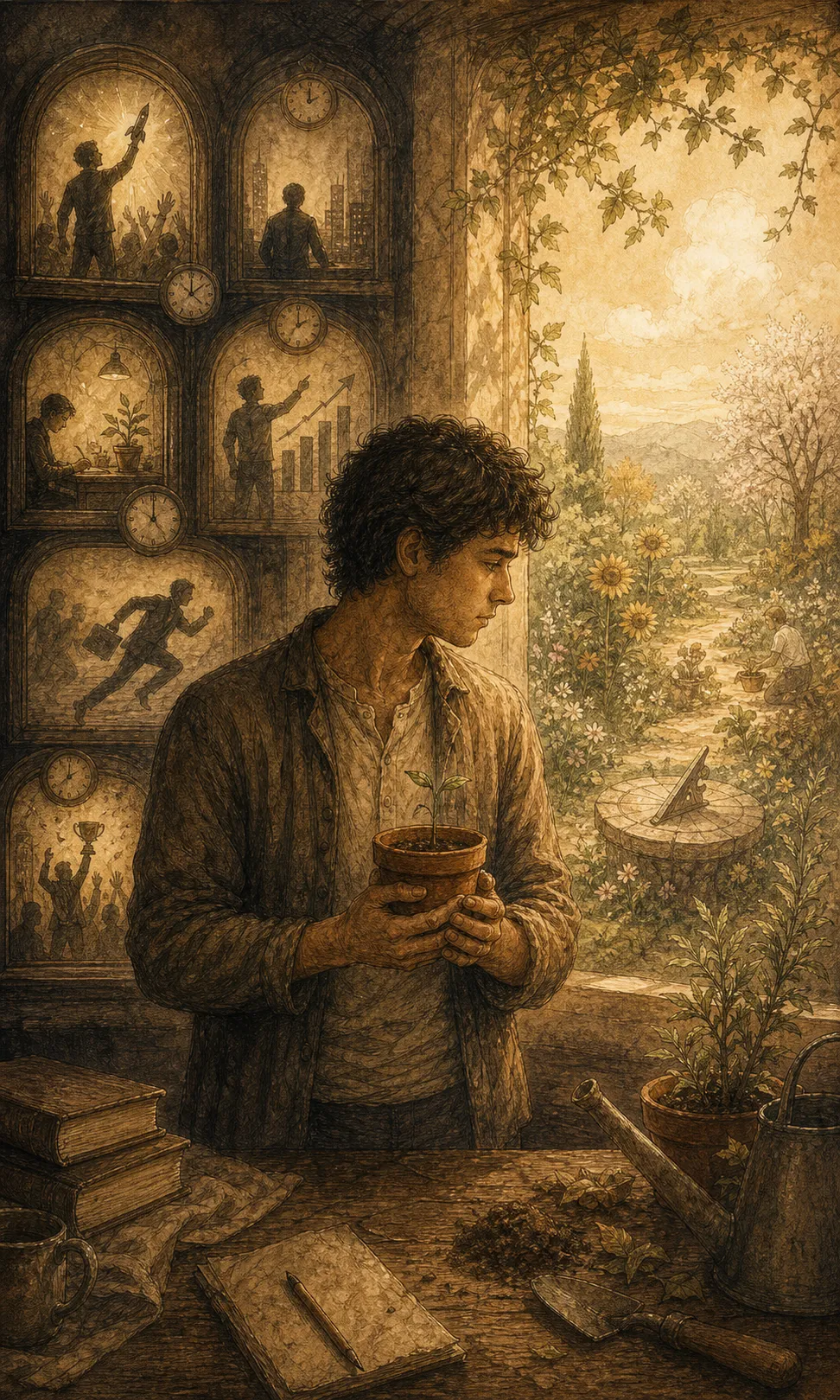 Ilustración sepia de una persona mirando vitrinas ajenas mientras sostiene una semilla