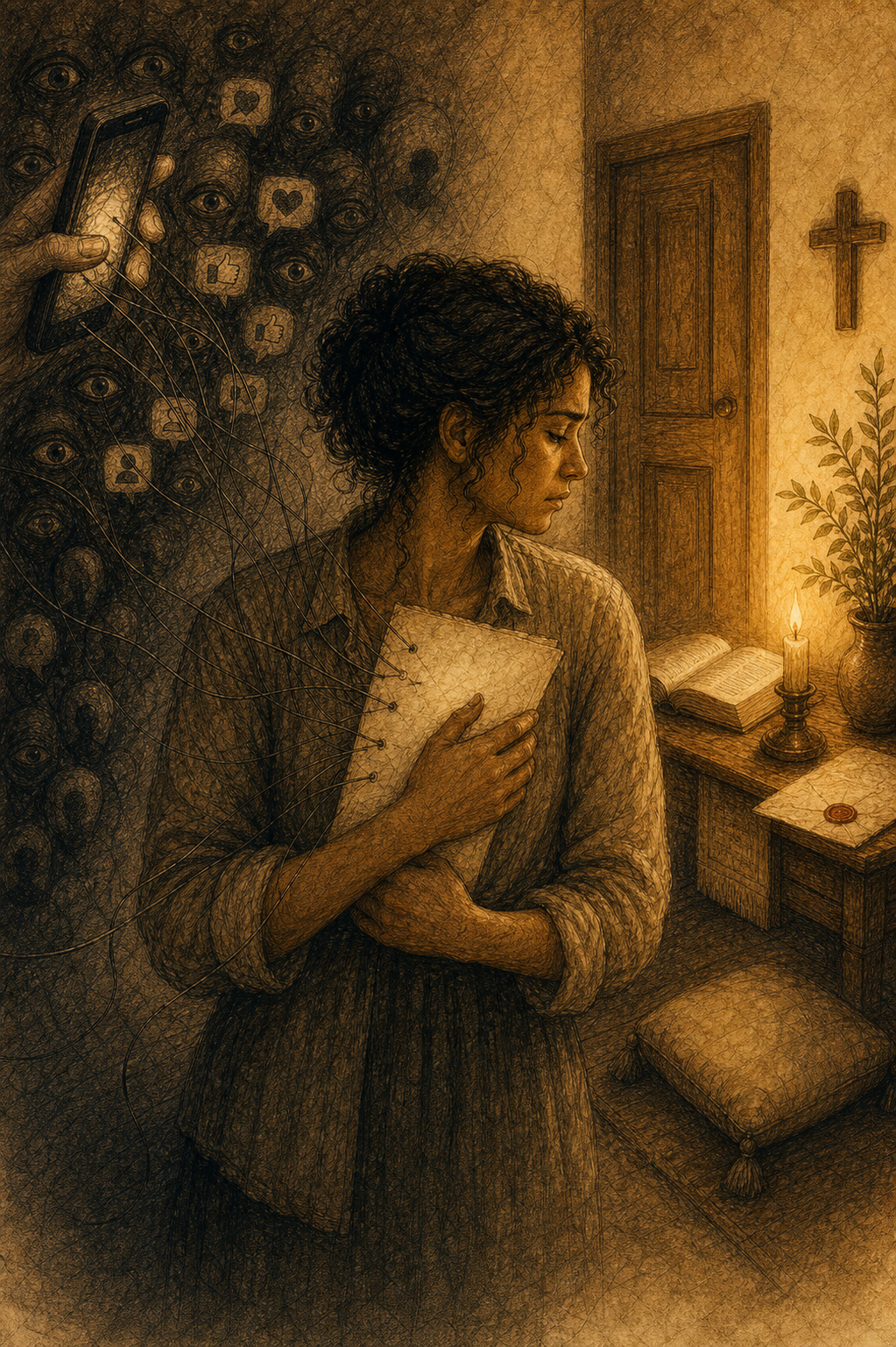 Ilustración sepia de una mujer ante un altar íntimo lejos de la audiencia
