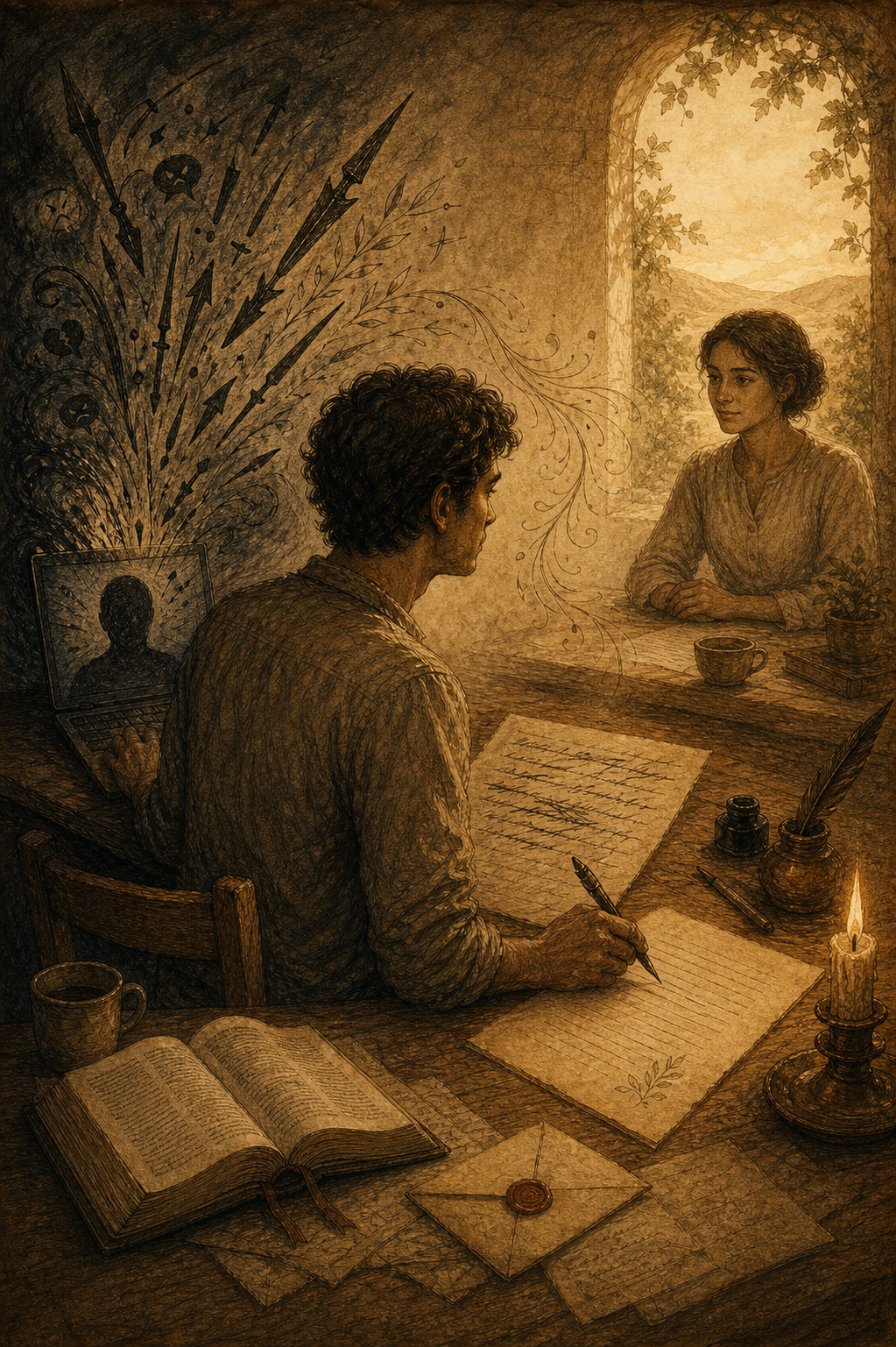 Ilustración sepia de manos frente a un teclado recordando el rostro del otro