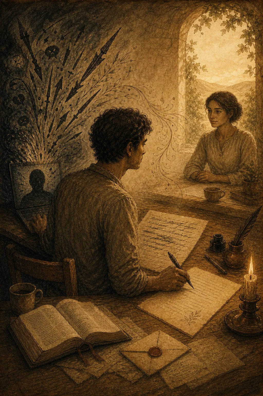 Ilustración sepia de manos frente a un teclado recordando el rostro del otro