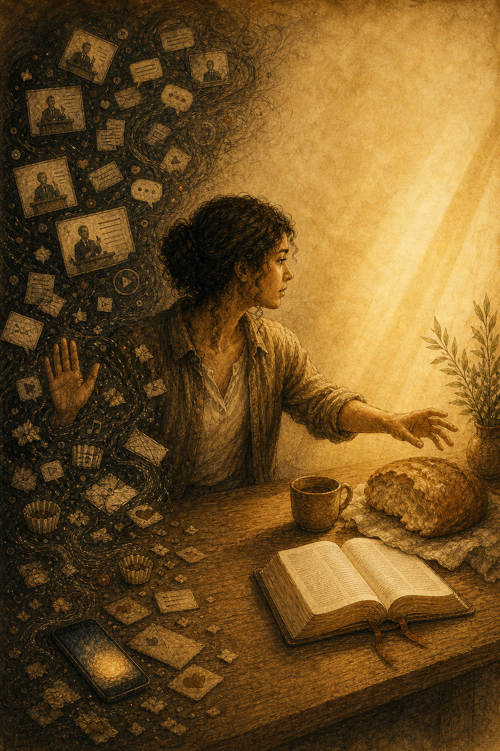 Ilustración sepia de una mujer ante una mesa entre contenido rápido y una Biblia abierta