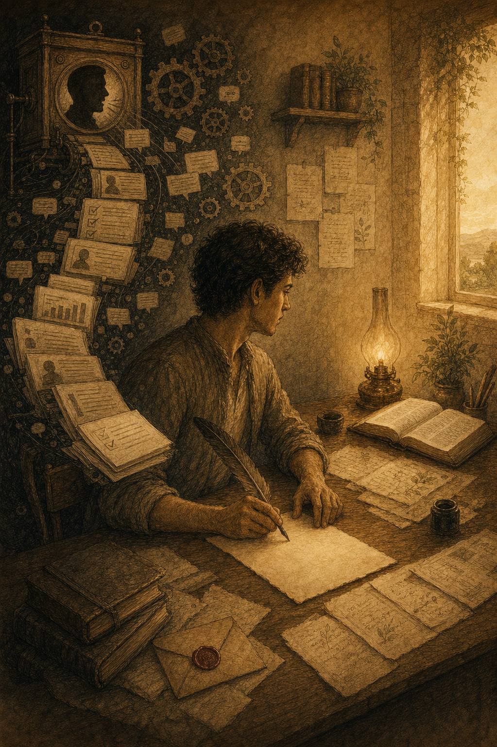 Ilustración sepia de una persona frente a una herramienta luminosa y una hoja en blanco