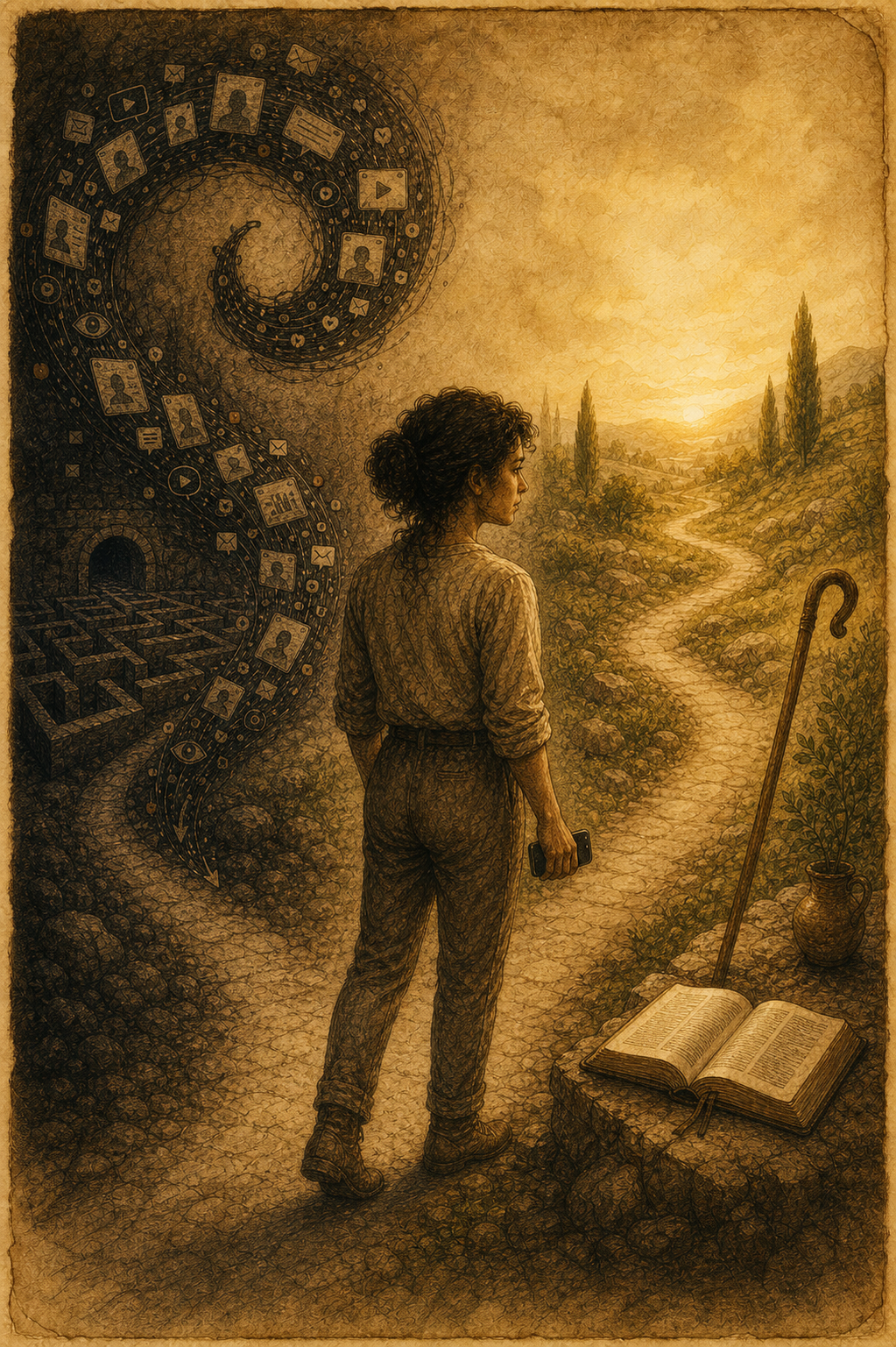 Ilustración sepia de una mujer discerniendo una herramienta que intenta tomar el cayado pastoral